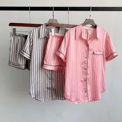 JuliaFashion-Pink Strip Slik Short Sleeves Two Pieces Pajamas Set