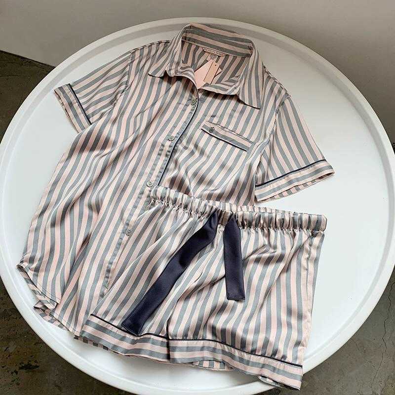 JuliaFashion-Pink Strip Slik Short Sleeves Two Pieces Pajamas Set