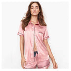 JuliaFashion-Pink Strip Slik Short Sleeves Two Pieces Pajamas Set