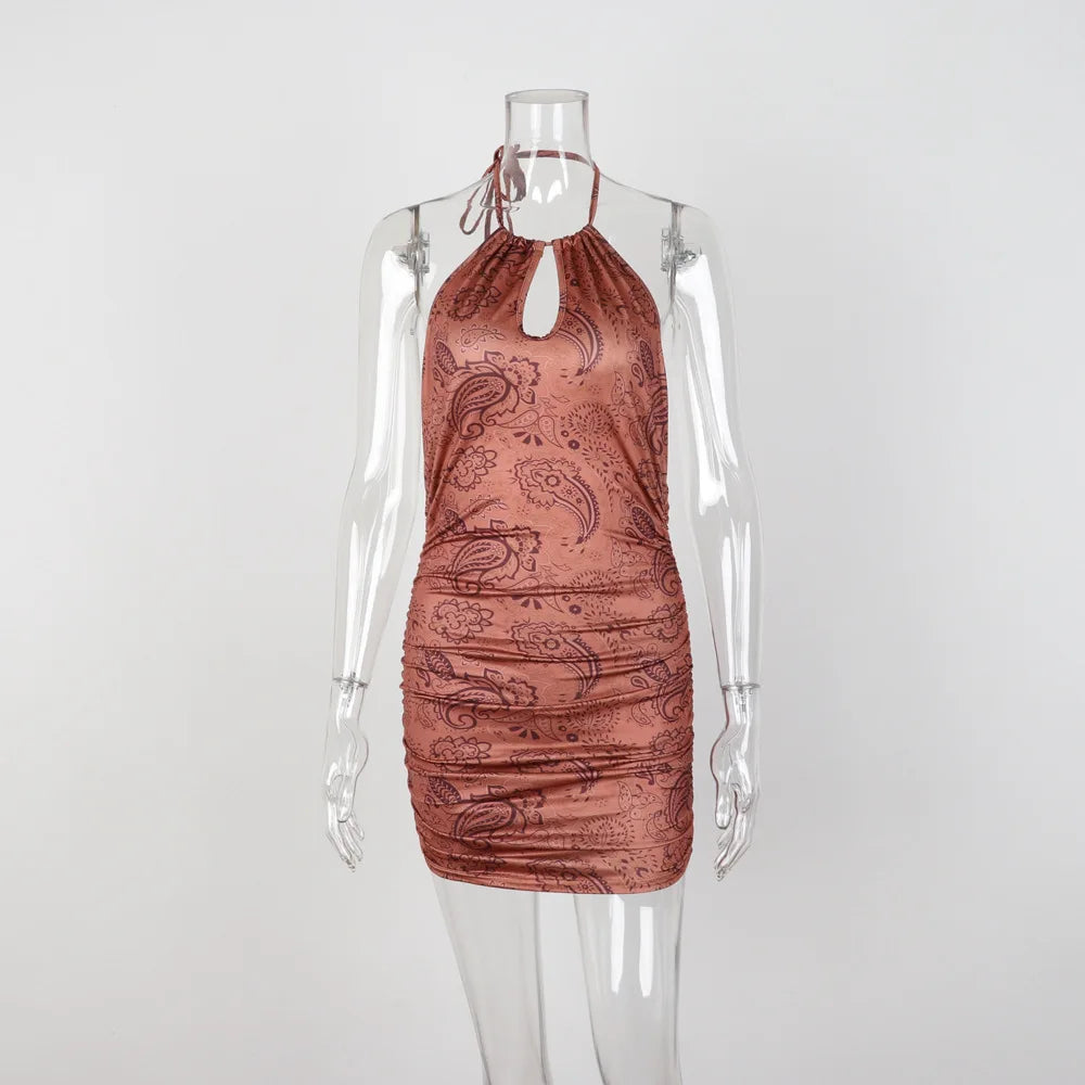 Julia Fashion - Sexy Backless Lace-up Slim-fit Print Hip Neck Hanging Bodycon Mini Dress