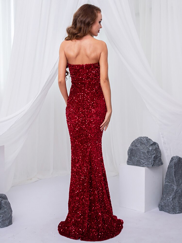 JuliaFashion - Sequin Strapless Evening Sexy V-Neck Dress