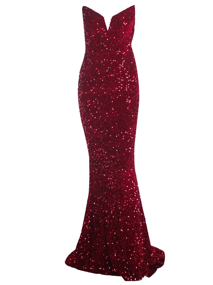 JuliaFashion - Sequin Strapless Evening Sexy V-Neck Dress