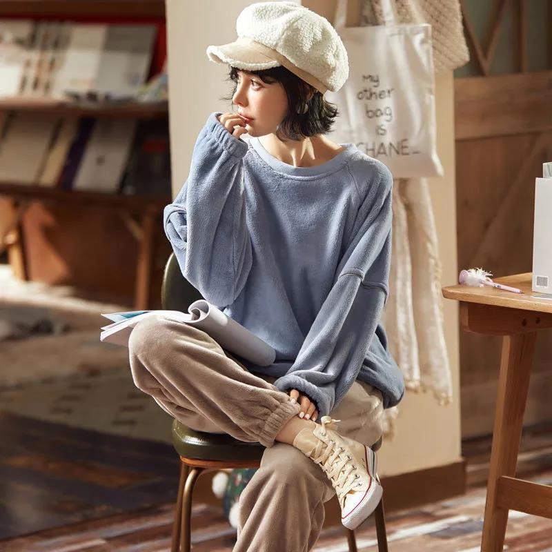 JuliaFashion - 2024 Solid Color Loose Thickening Plus Velvet Soft Simple Homewear