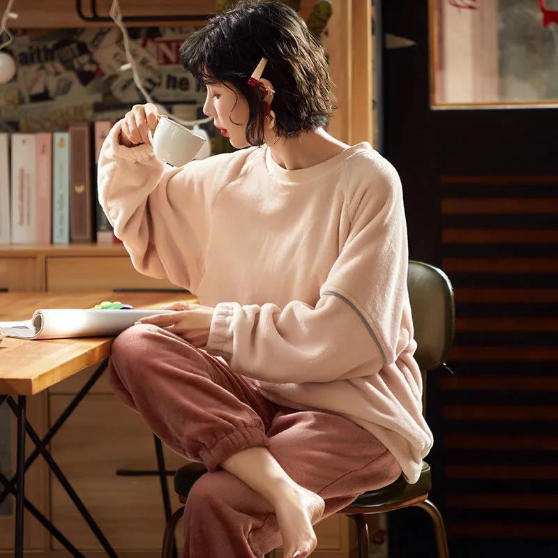 JuliaFashion - 2024 Solid Color Loose Thickening Plus Velvet Soft Simple Homewear