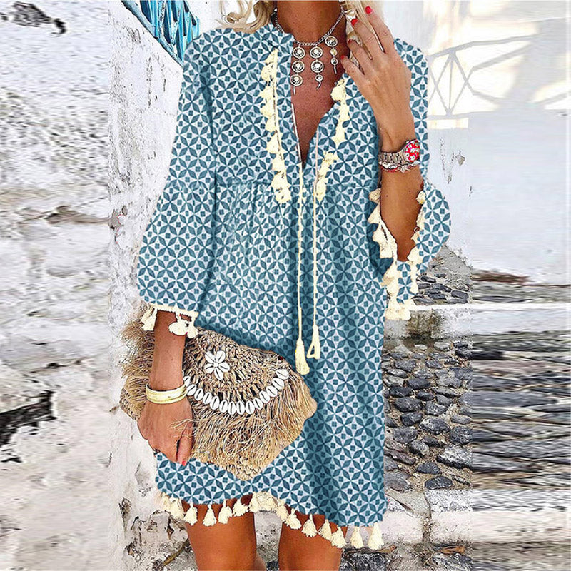 JuliaFashion - Women Elegant V-Neck Drawstring Tassel Design Party Dress