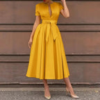 JuliaFashion - Vintage Solid Short Sleeve Maxi Dress