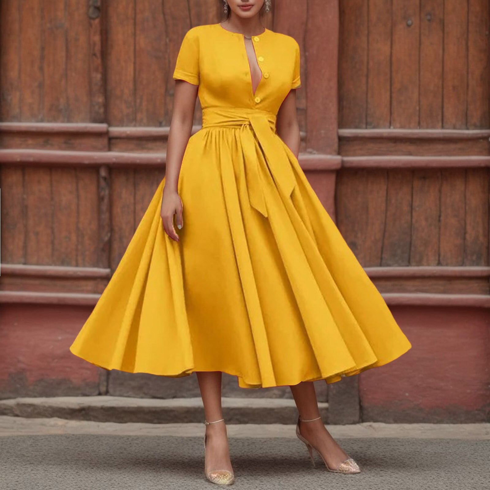 JuliaFashion - Vintage Solid Short Sleeve Maxi Dress