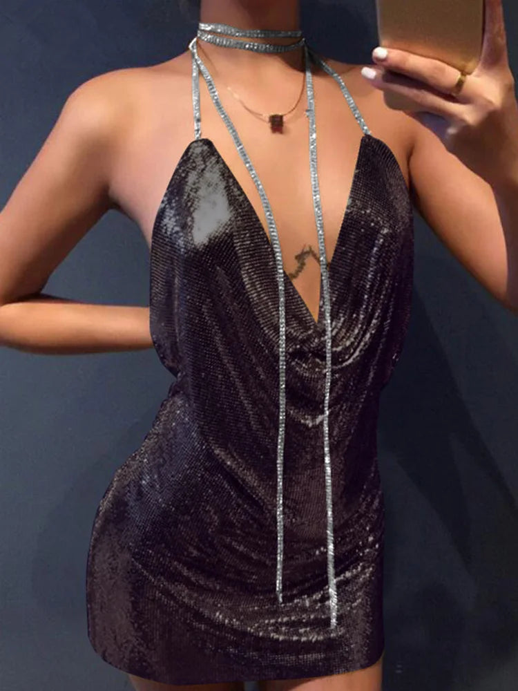 Julia Fashion - Sexy Clubwear Backless Sequin Cocktail Metalic Mini Dress