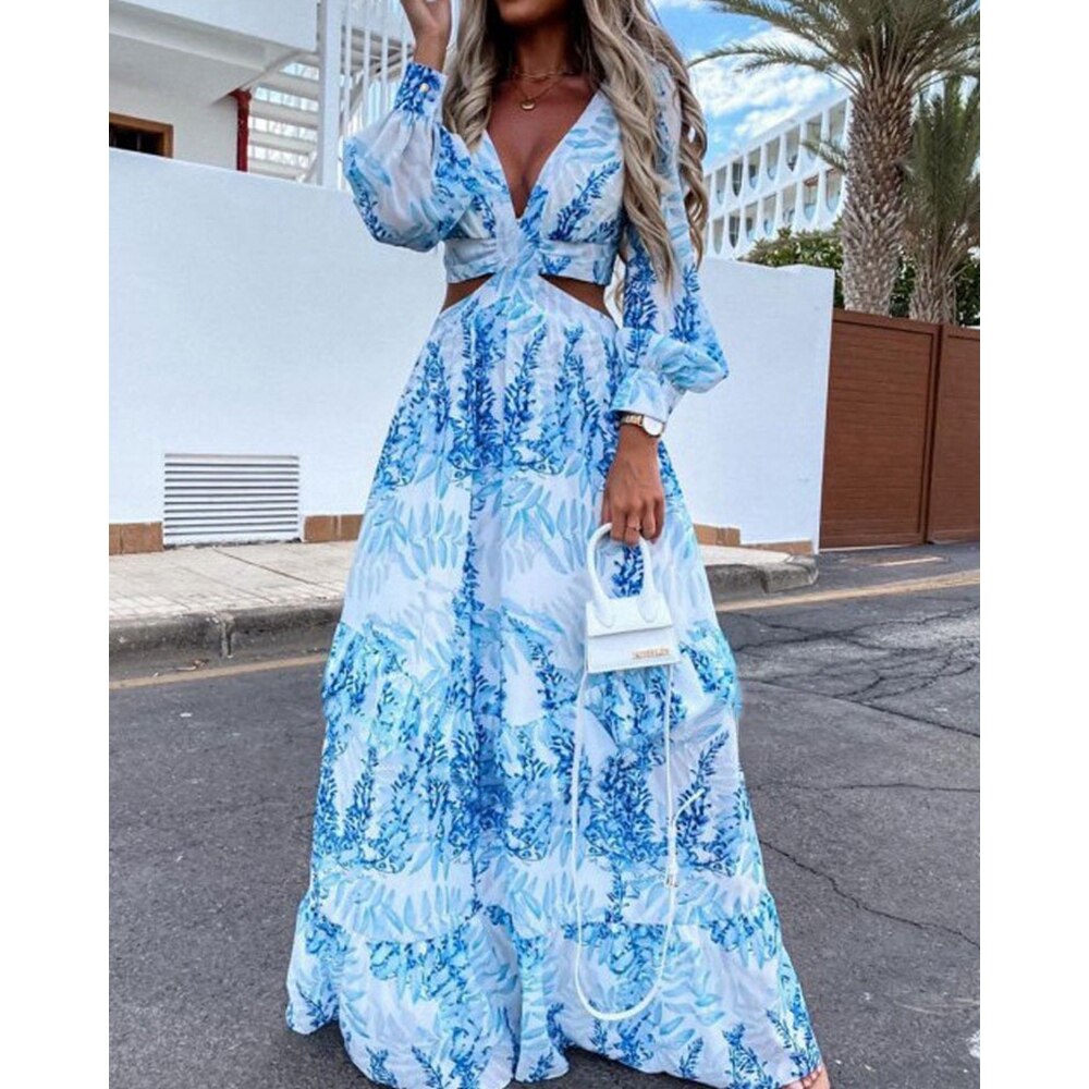 JuliaFashion - Spring Autumn Tie Dye Print Sexy Cutout Dress