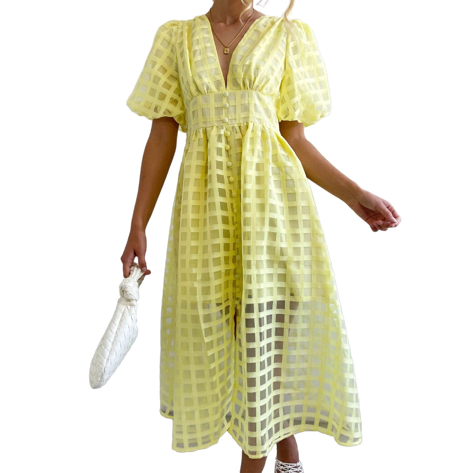 JuliaFashion - Vintage High Waist Mesh Midi Dress