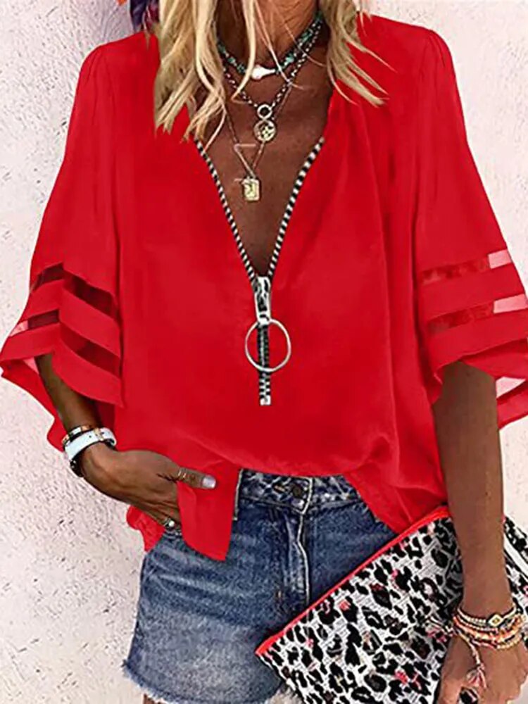 JuliaFashion - 2024 Sexy Zipper V-Neck Blouse