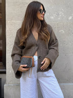 Classic Elegant Solid V Neck Pocket Casual Long Sleeves Loose Cardigan