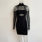 Julia Fashion - Mesh Panel Hollow Out Split Knitted Bodycon Party Women's Mini Dress