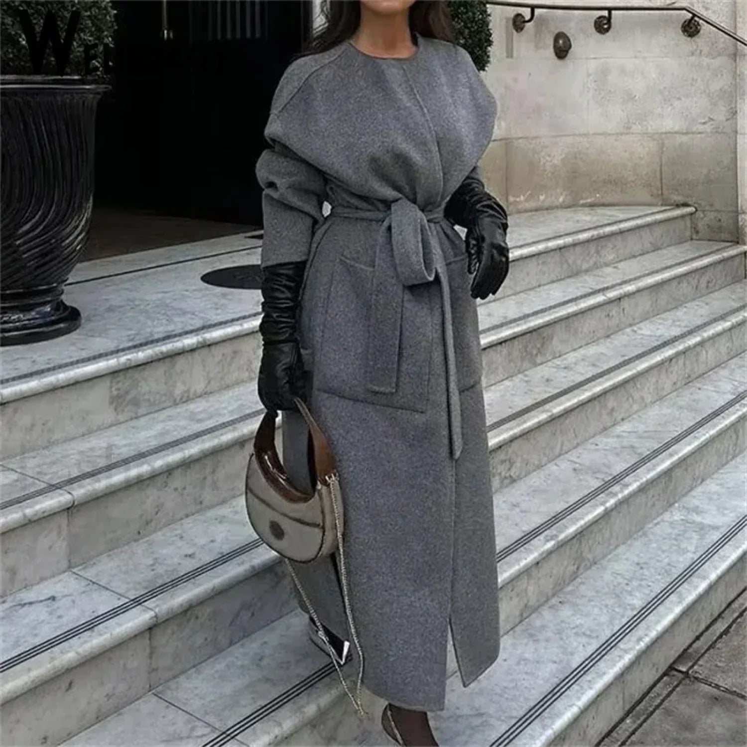 2024 Autumn Winter Women Elegant Lace up Wool Blends Long Coats