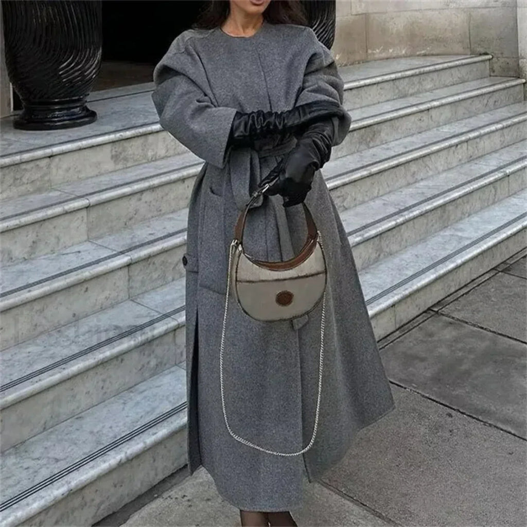 2024 Autumn Winter Women Elegant Lace up Wool Blends Long Coats Gray / S