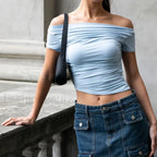 2024 Sexy Slash Neck Casual Crop Top Blue / S