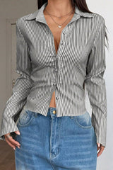 V Neck Striped Long Sleeve Blouse