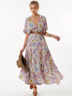 JuliaFashion - Wild Peacock & Flowers V-Neck Maxi Dress