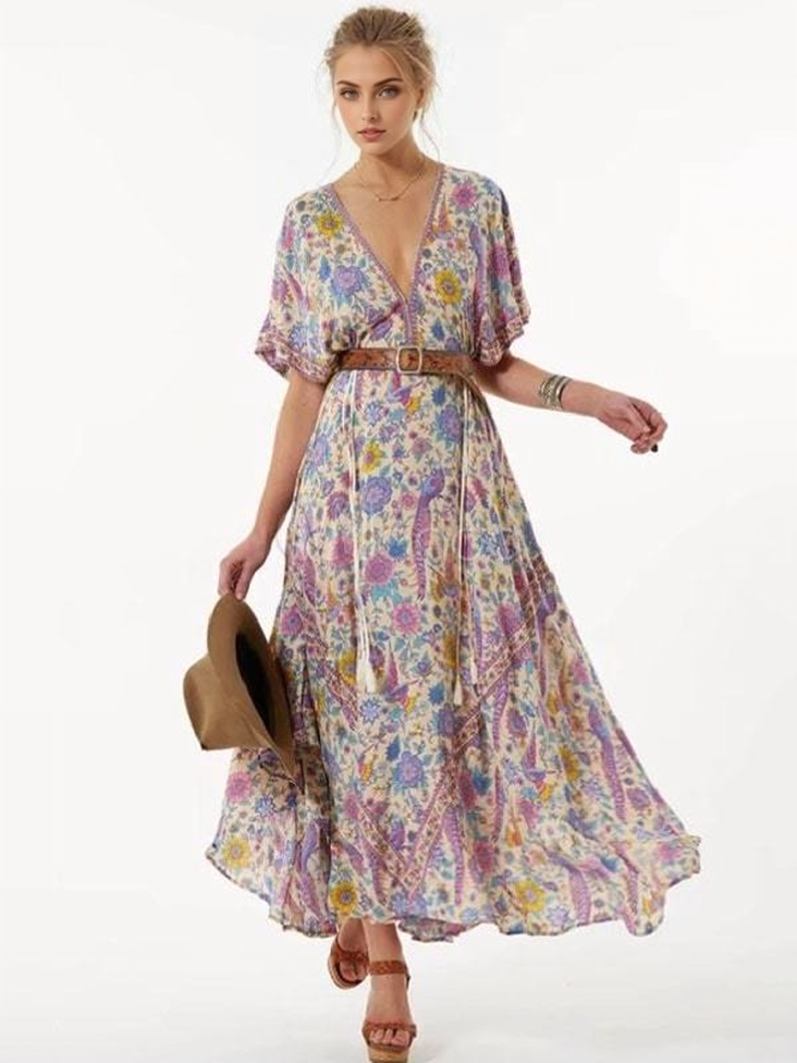 JuliaFashion - Wild Peacock & Flowers V-Neck Maxi Dress