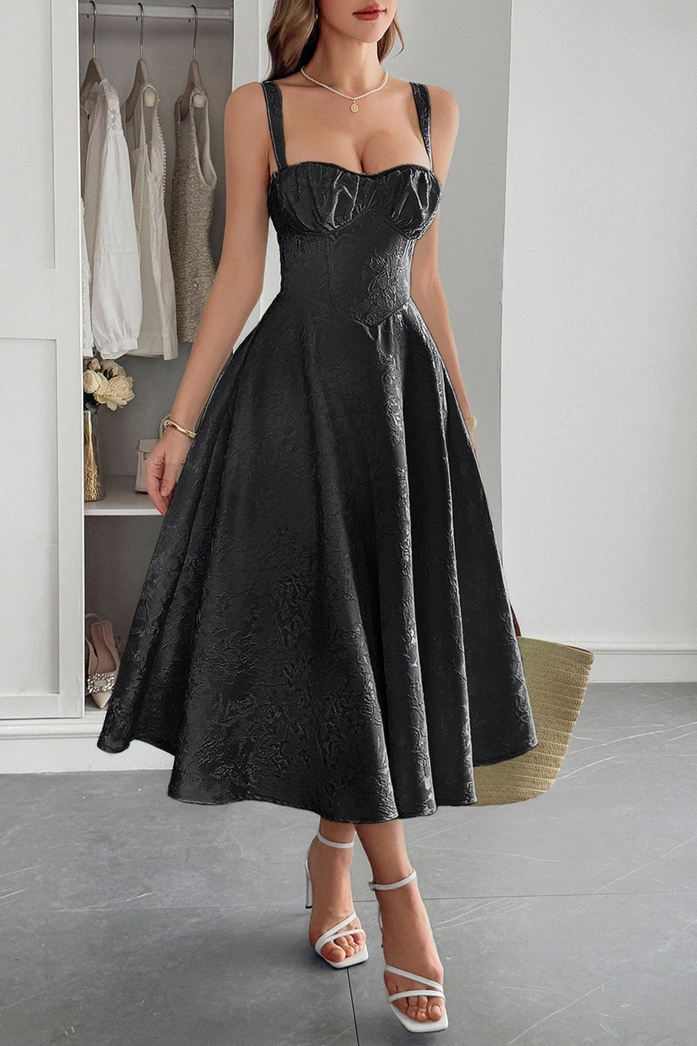 Jacquard Spaghetti Strap Cocktail Dress S / Black