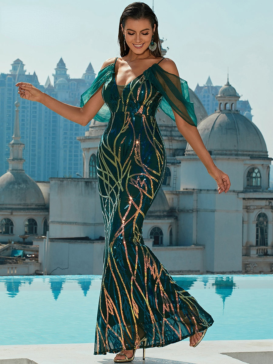 JuliaFashion - Sequin Sexy Backless Bodycon Even Maxi Elegant Dress