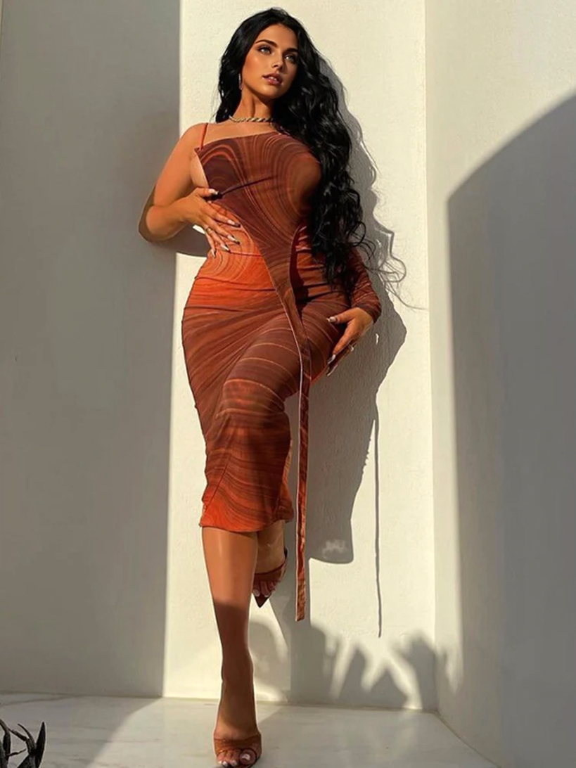 Julia Fashion - Sexy Slant Shoulder Long Sleeve Bodycon Midi Dress