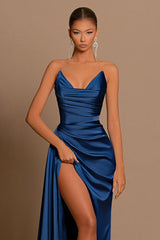 Satin Deep V Corset Slit Formal Dress
