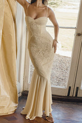 Lace Ruffle Slip Maxi Formal Dress S / Beige