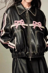 Bow Decor Faux Leather Moto Jacket Pink / S