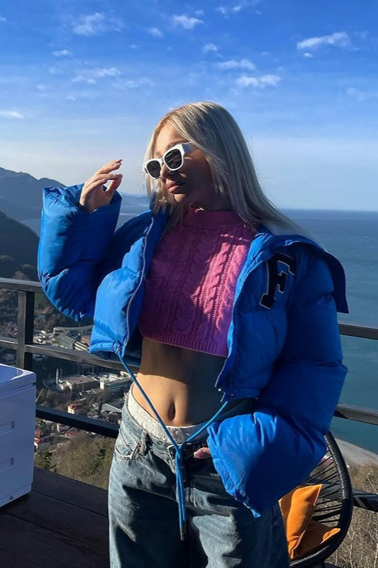 Polar Fleece Patchwork Faux Fur Collar Puffer Jacket