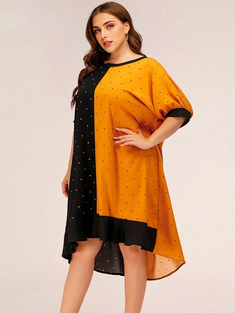 JuliaFashion-Contrast Color Round Neck Dot Ruffle Hem Dresses