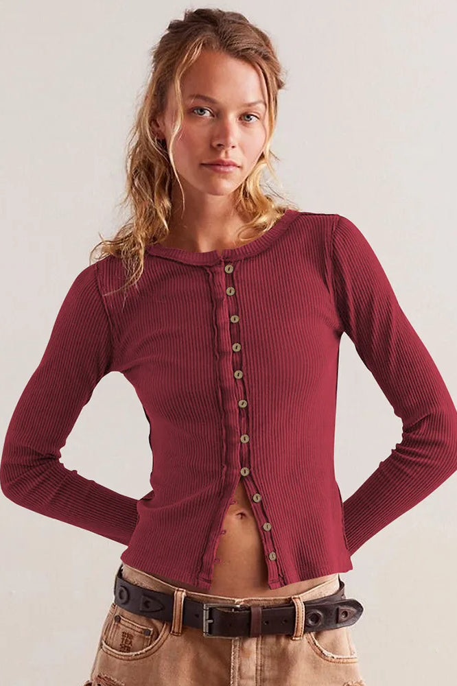 Slim Long Sleeve Ribbed Cardigan Wine Red / S