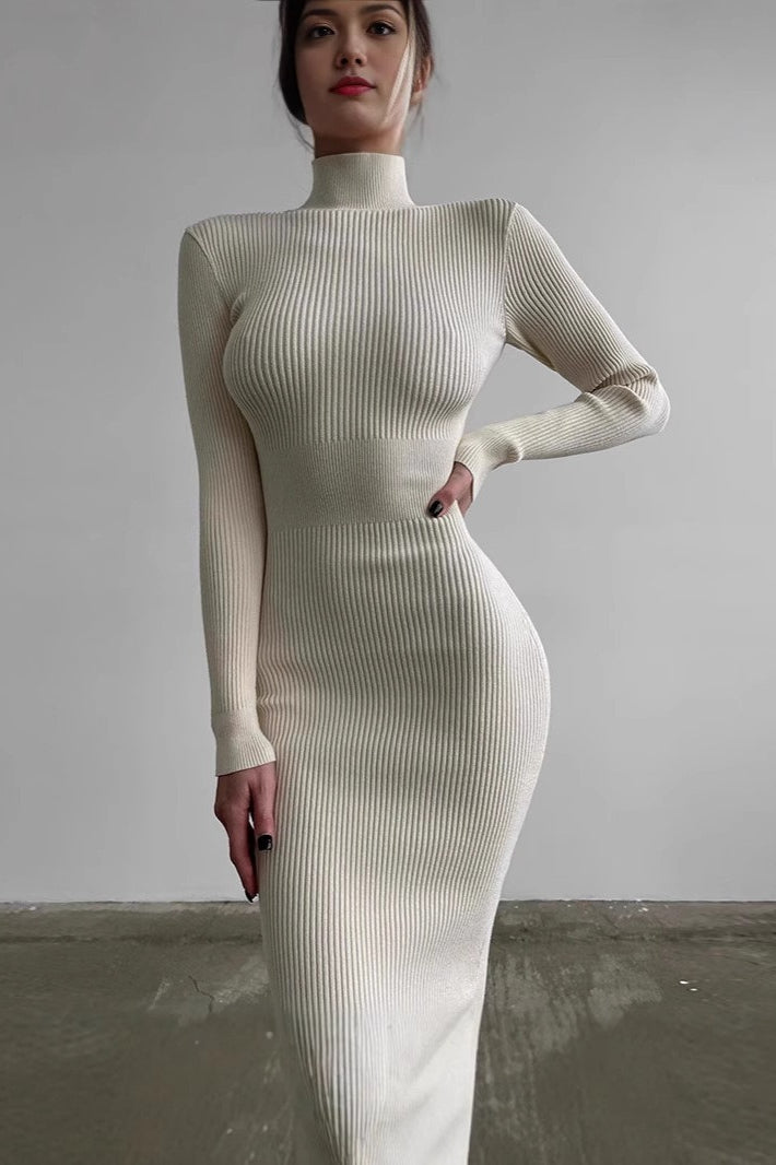 Semi-High Neck Slim Fitted Knit Sweater Dress S / White-Long