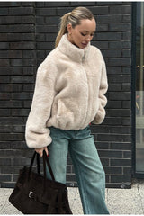 Stand Collar Faux Fur Cropped Jacket