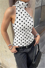 Polka Dot Halter Backless Tie Shoulder Crop Top