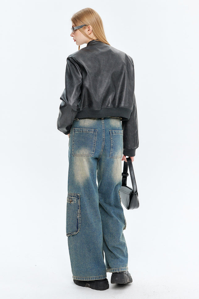 PU Leather Zip Up Bomber Jacket