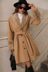 Fur Collar Belted Midi Trench Coat