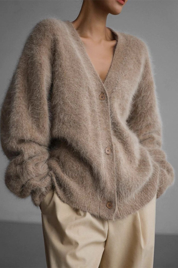 V Neck Fluffy Knit Cardigan Sweater Khaki / One Size