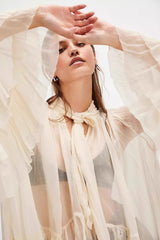 Sheer Flare Sleeve Tie Blouse