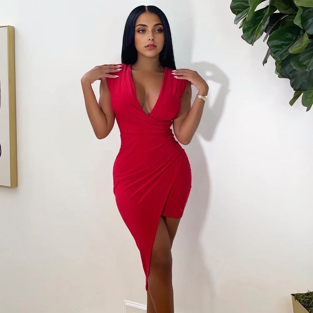 Julia Fashion - Sexy V Neck Sleeveless Bodycon Mini Dress