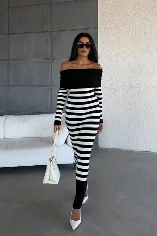 Striped Off Shoulder Sweater Dress S / Stripe
