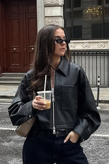 Loose Fit Matte Leather Short Jacket coats