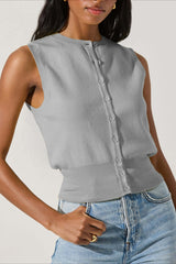 Round Neck Button Front Knit Top