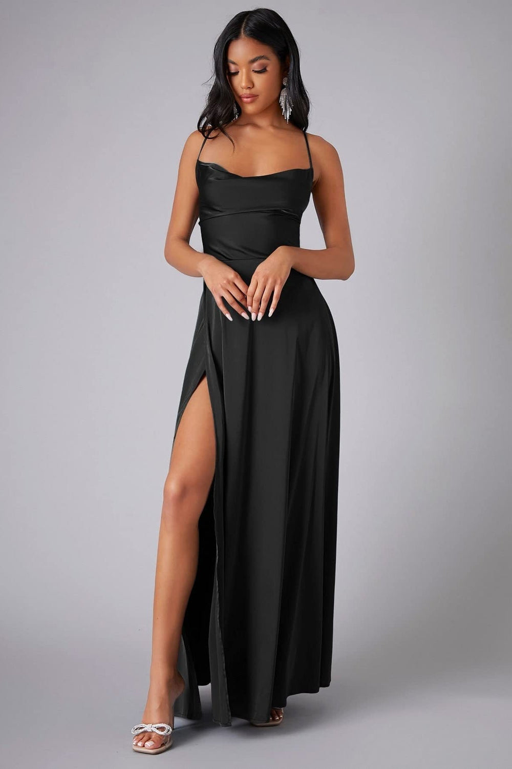 Elegant Spaghetti Strap Ruched Formal Dress S / Black