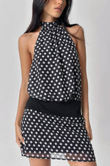 Polka Dot Halter Backless Chiffon Bodycon Mini Dress