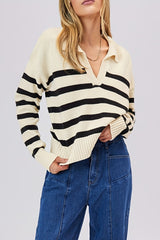 Striped Wool Collar V Neck Sweater Black / S
