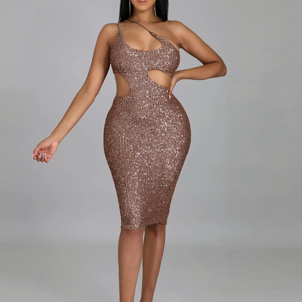 Julia Fashion - Sexy Slant Shoulder Backless Sequined Midi Dress