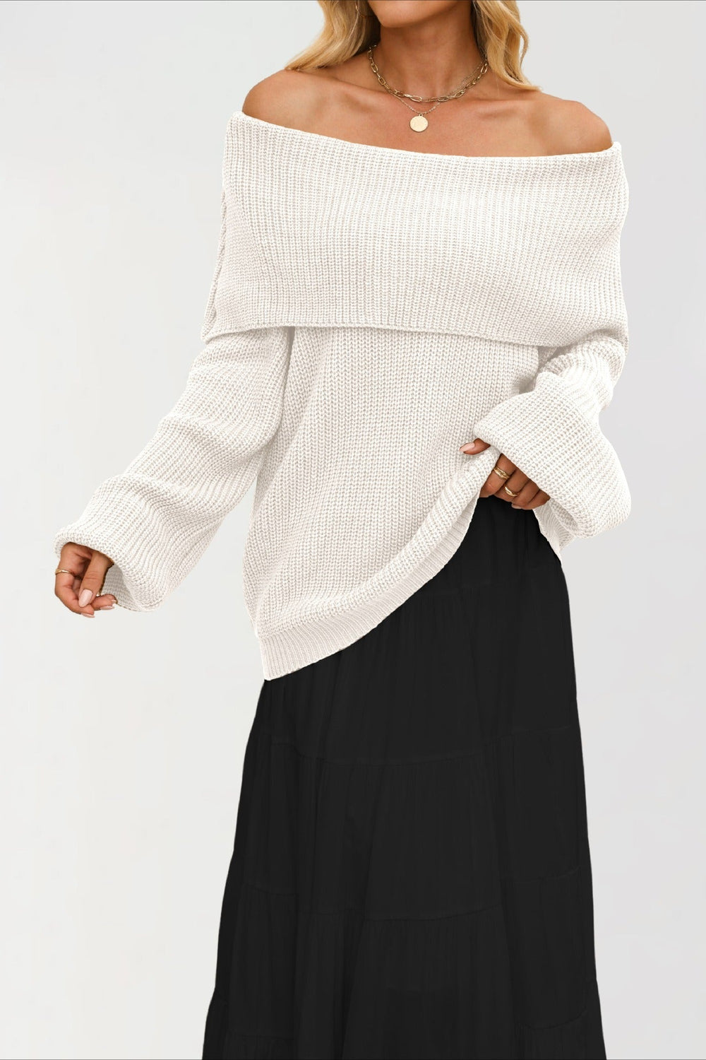 Off Shoulder Loose Knit Pullover Sweater White / S