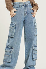 Vintage Washed Wide Leg Cargo Jeans Blue / S