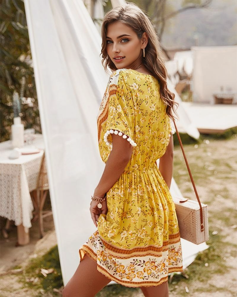 JuliaFashion - Short Sleeve Geometric Print Boho Dress